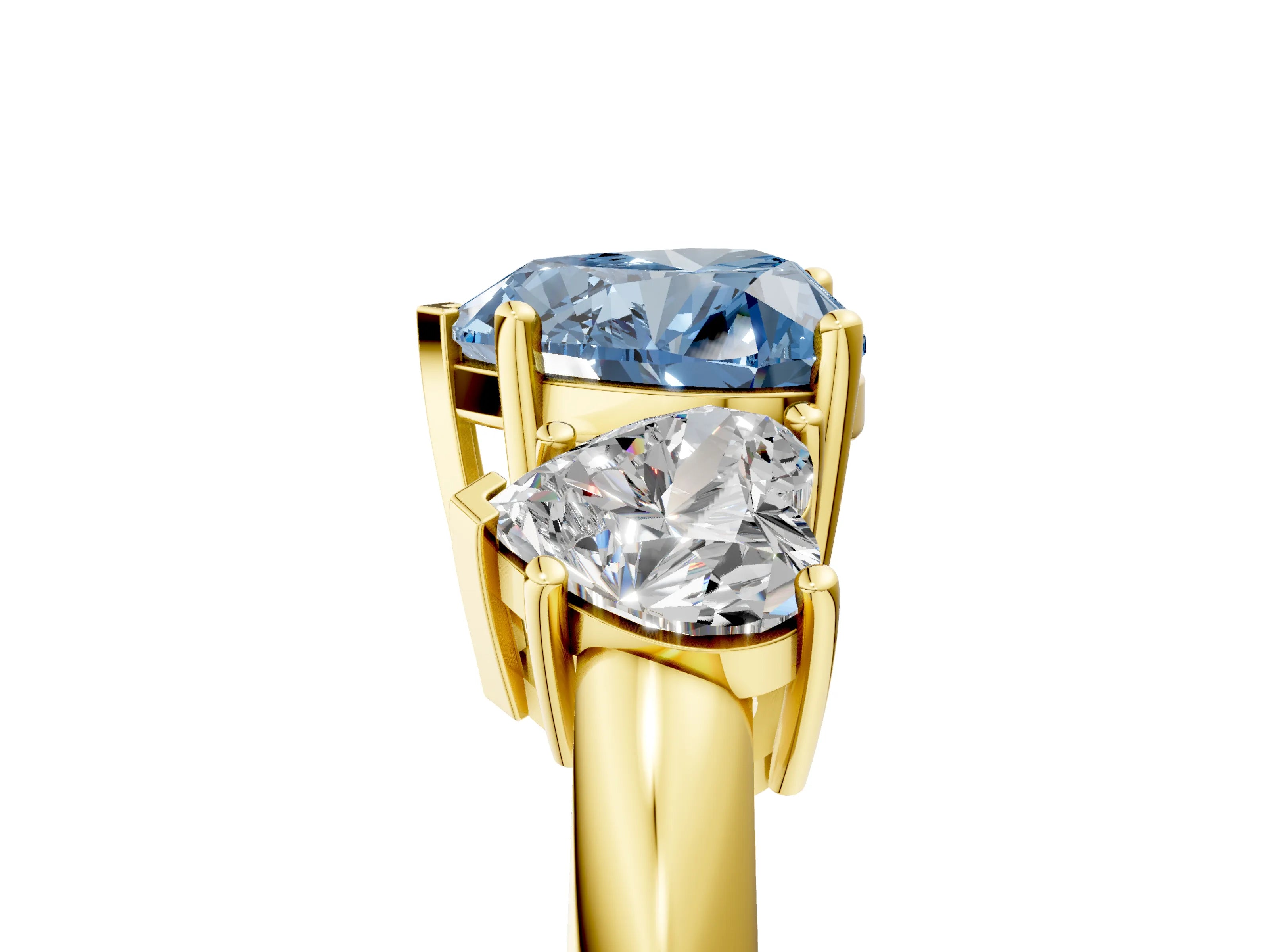 Yellow gold Three-Stone Fancy Blue Heart Cut Cut Diamond Engagement Ring with Prong Setting on a White Gold Band_5
