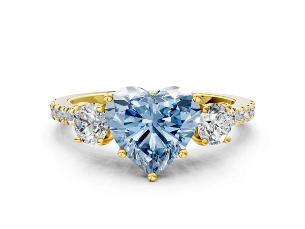 Yellow gold Three-Stone Fancy Blue Heart Cut Cut Diamond Pavé Band with Prong Setting