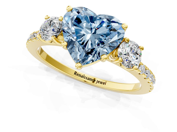 Yellow gold Three-Stone Fancy Blue Heart Cut Cut Diamond Pavé Band with Prong Setting
