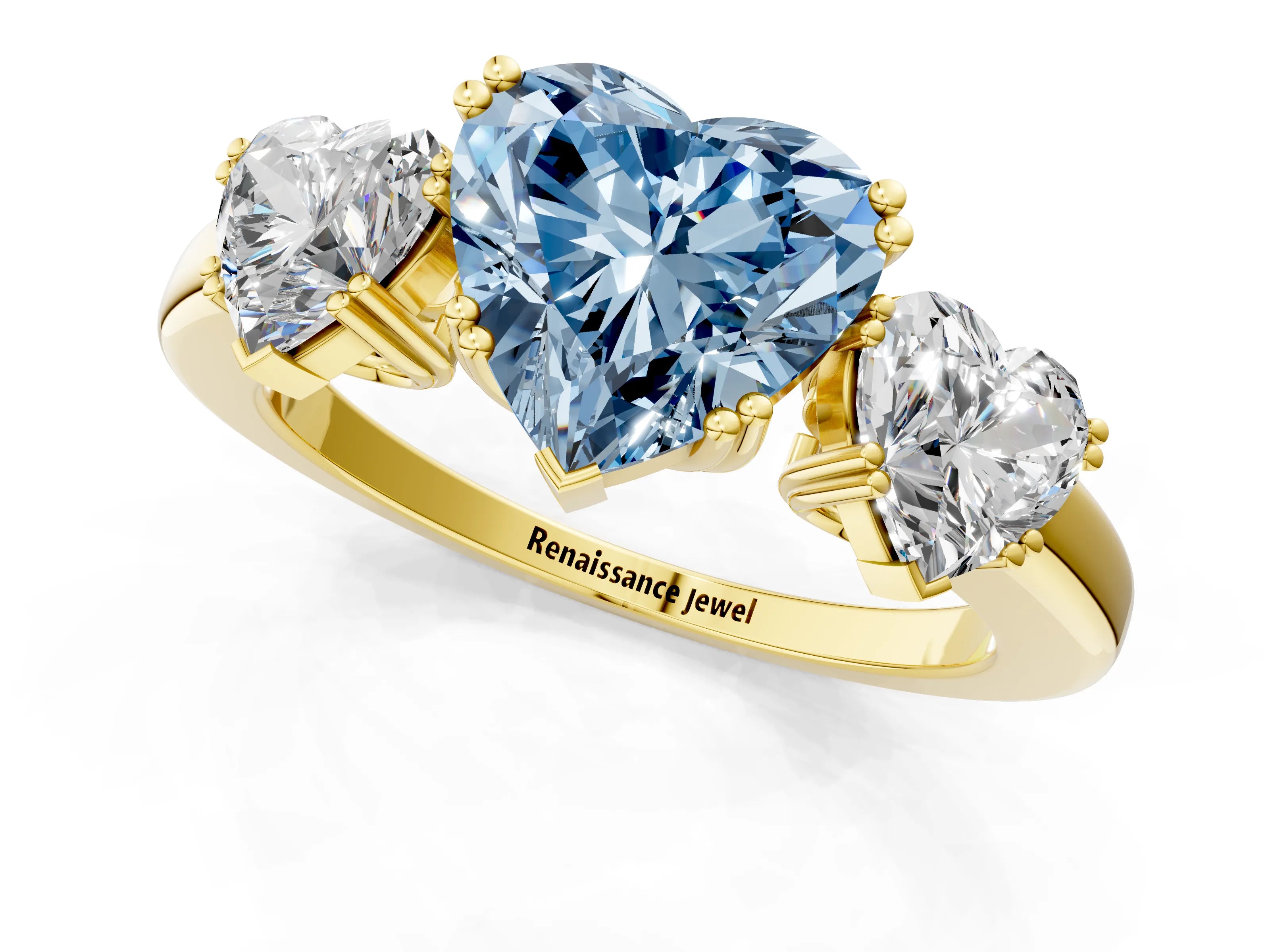 Yellow gold Three-Stone Fancy Blue Heart Cut Cut Diamond Ring with Channel Set Band and Four-Prong Setting_1