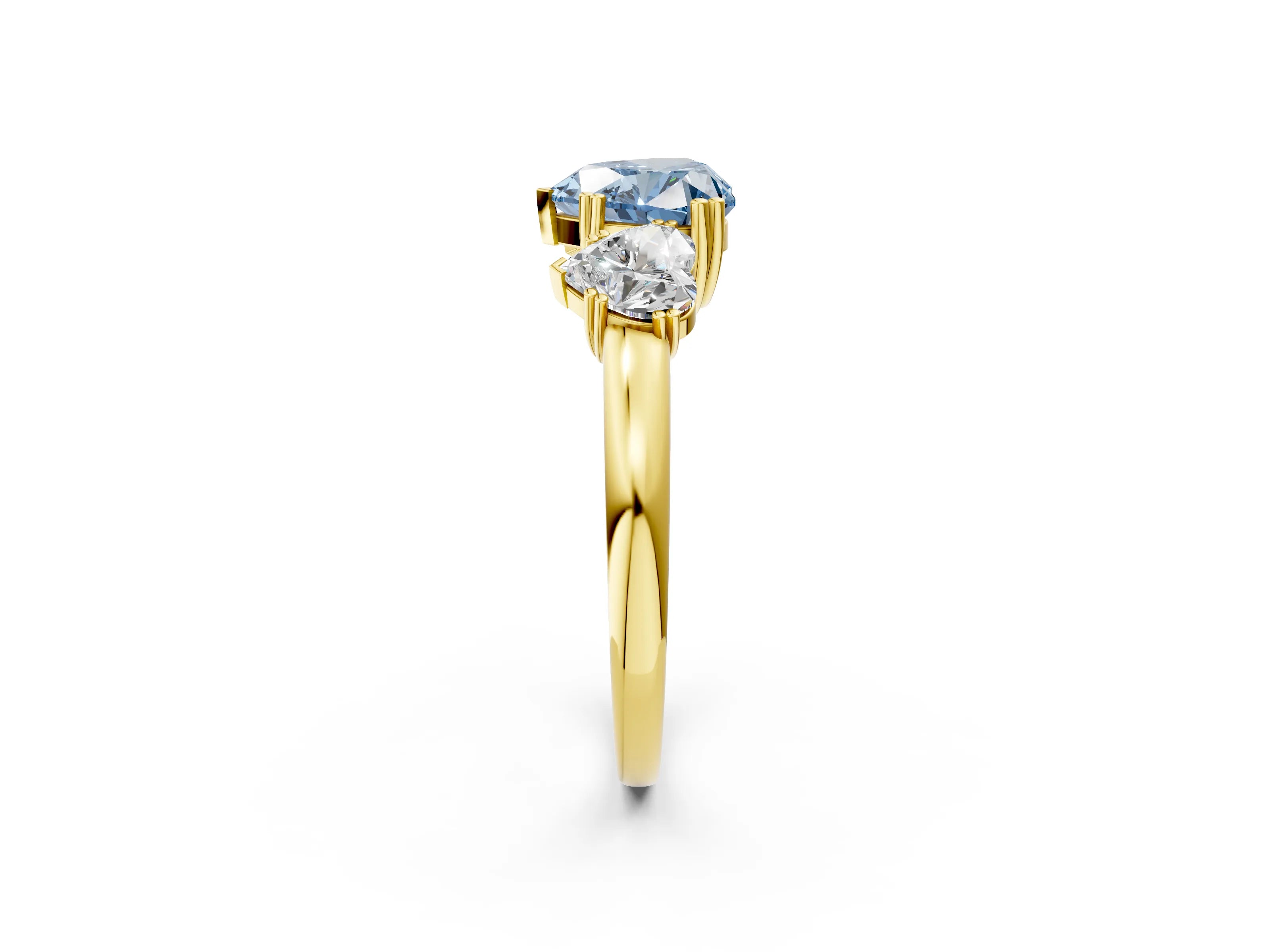 Yellow gold Three-Stone Fancy Blue Heart Cut Cut Diamond Ring with Channel Set Band and Four-Prong Setting_2