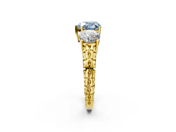 Yellow Gold Heart-Shaped Three-Stone Engagement Ring Setting for Fancy Blue Center with Engraved Notched Band