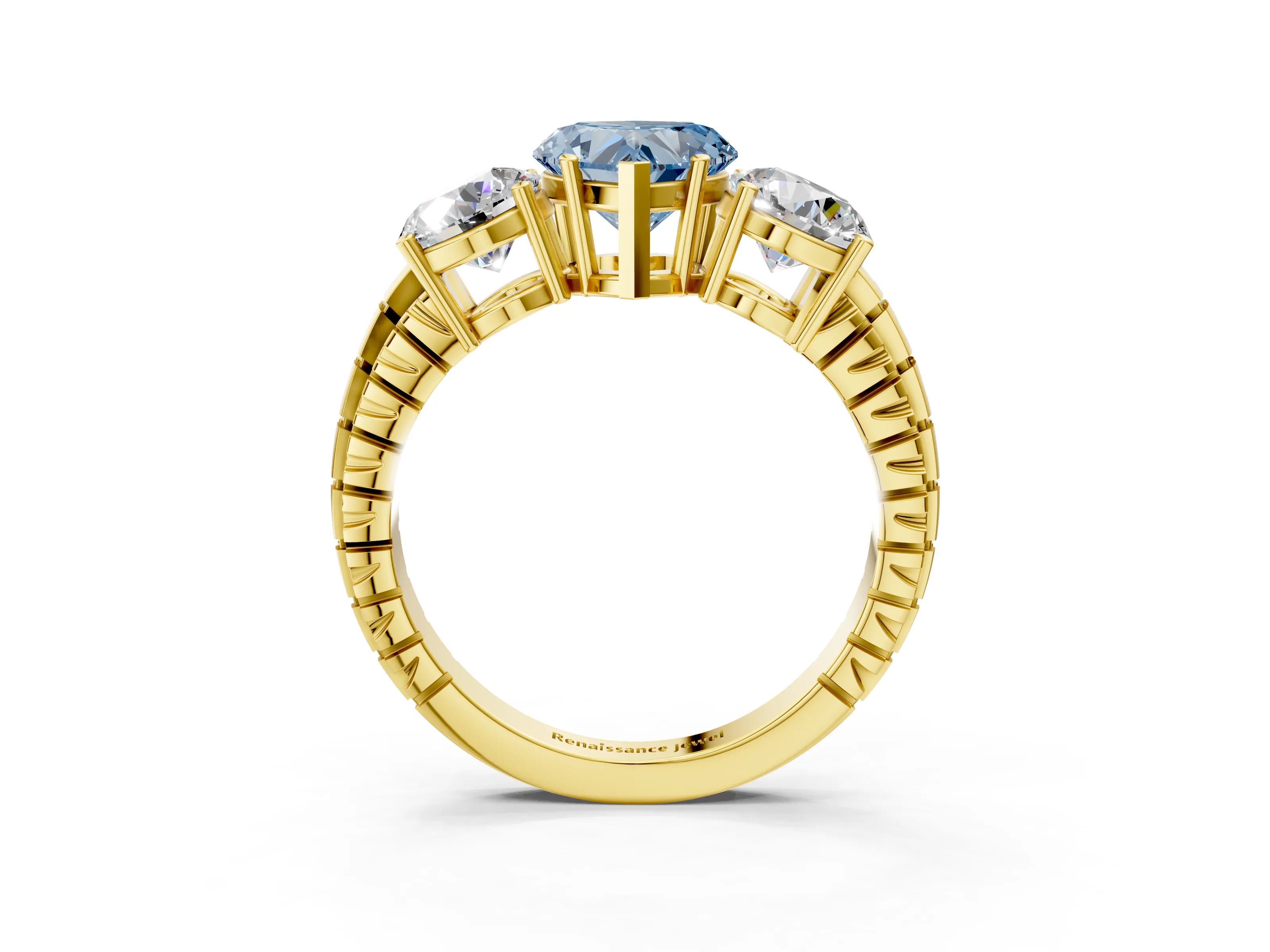 Yellow gold Three-Stone Fancy Blue Heart Cut Cut Diamond Ring with Channel-Set Band and Prong Setting_3