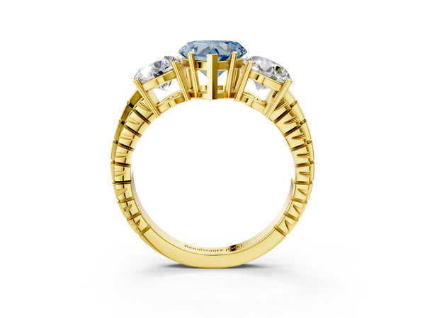 Yellow Gold Heart-Shaped Three-Stone Engagement Ring Setting for Fancy Blue Center with Engraved Notched Band
