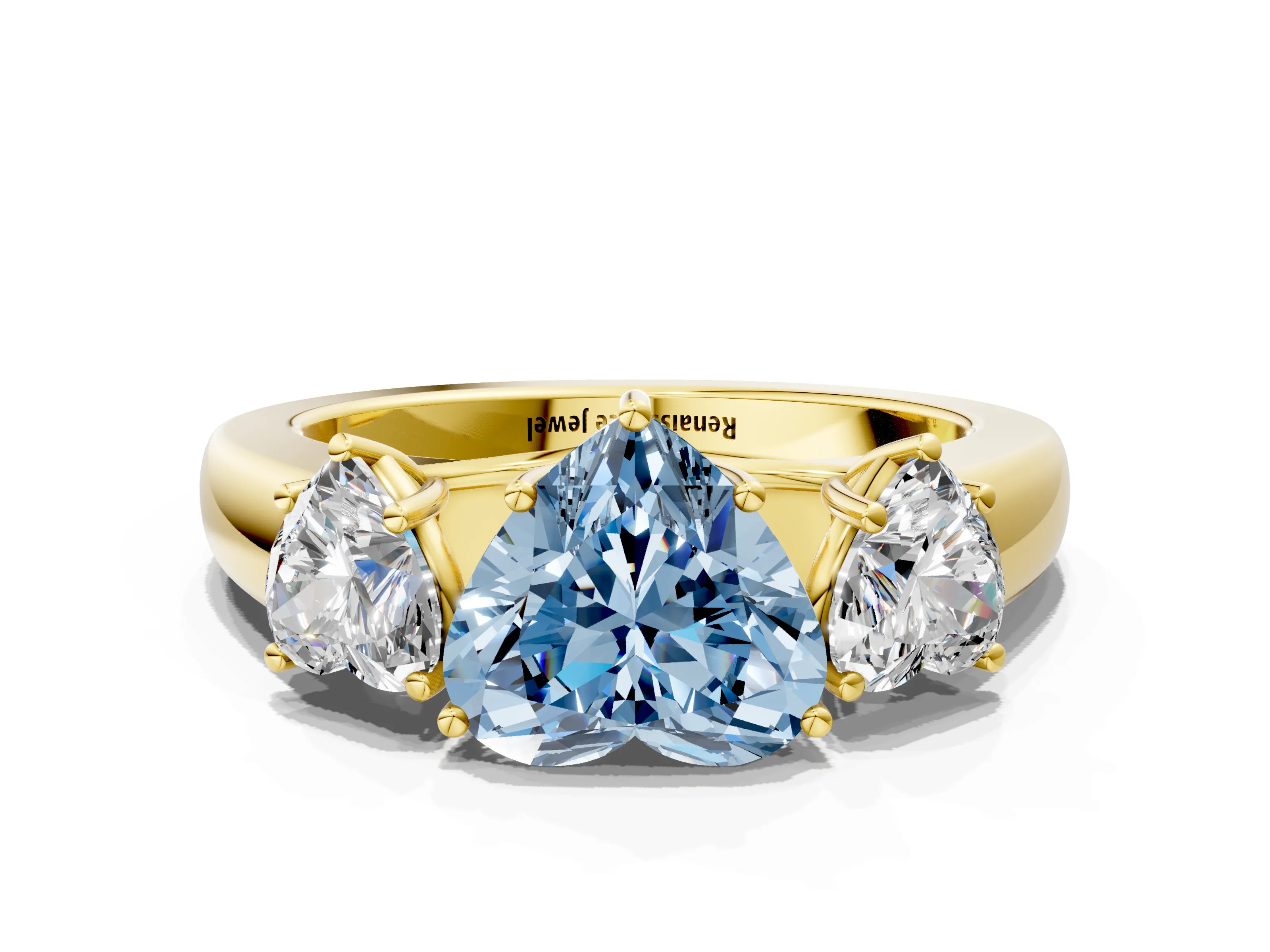Yellow gold Three-Stone Fancy Blue Heart Cut Cut Diamond Ring with Prong Setting and Classic Band
