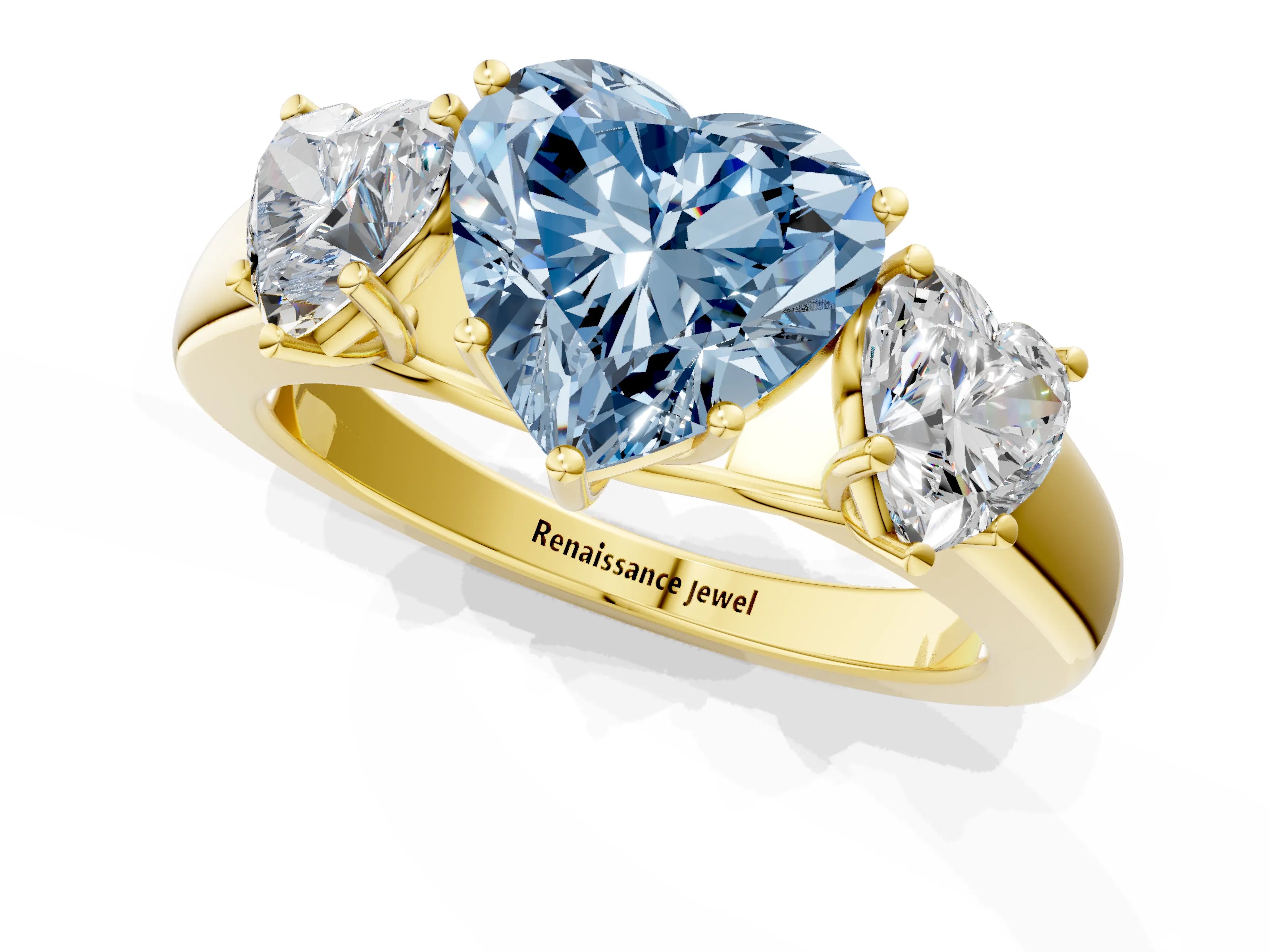 Yellow gold Three-Stone Fancy Blue Heart Cut Cut Diamond Ring with Prong Setting and Classic Band_1