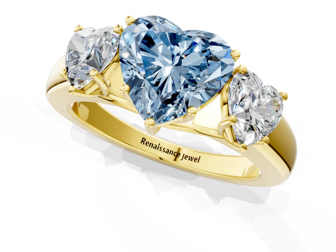 Yellow gold Three-Stone Fancy Blue Heart Cut Cut Diamond Ring with Prong Setting and Classic Band_1