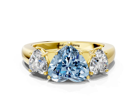 Yellow gold Three-Stone Fancy Blue Heart Cut Cut Diamond Ring with Prong Setting and Classic Band