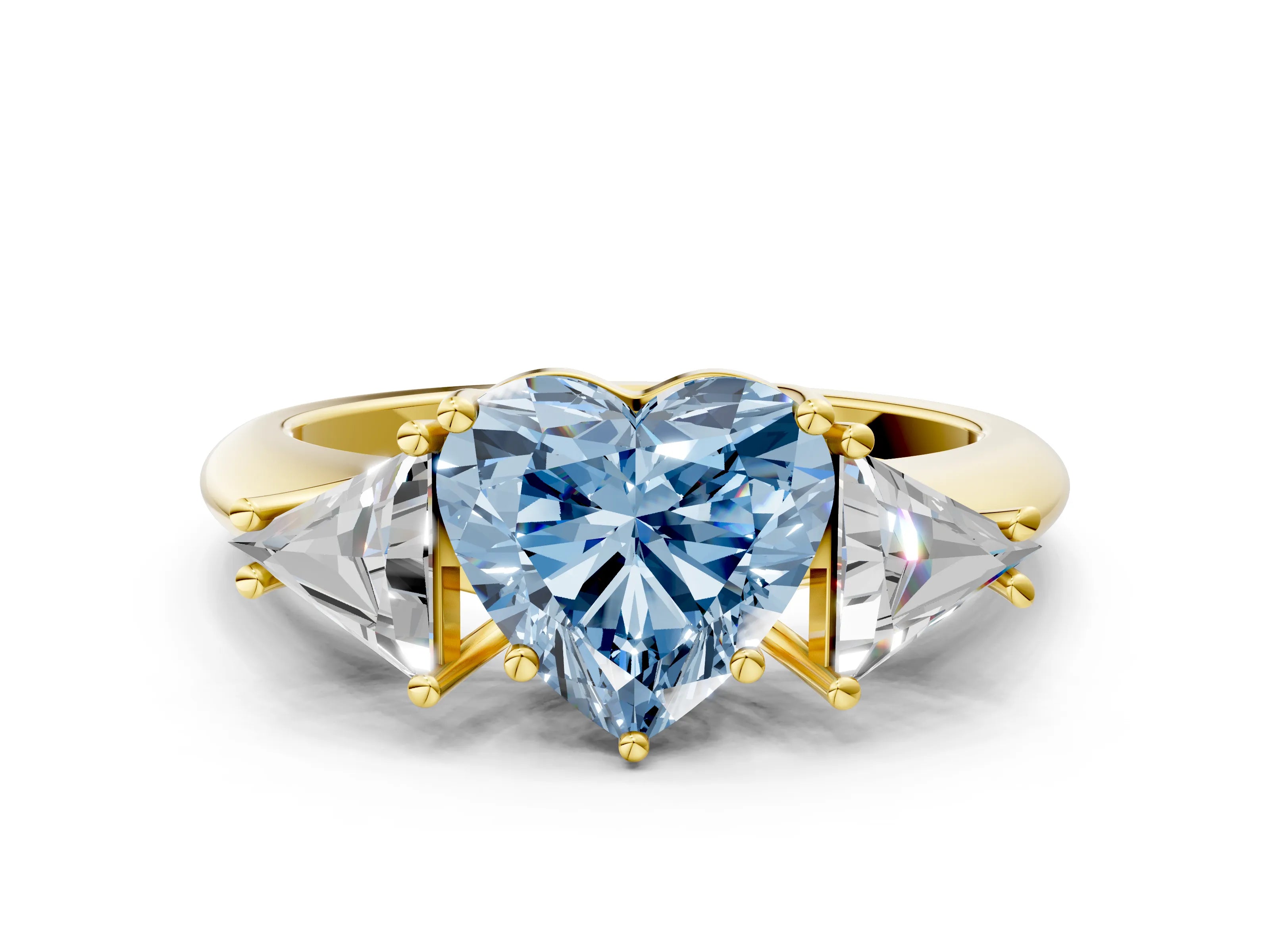 Yellow gold Three-Stone Fancy Blue Heart Cut Cut Diamond Ring with Trillion Side Stones and Four-Prong Setting_3