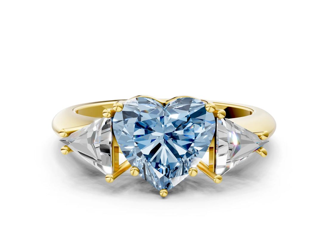 Yellow gold Three-Stone Fancy Blue Heart Cut Cut Diamond Ring with Trillion Side Stones and Four-Prong Setting_3