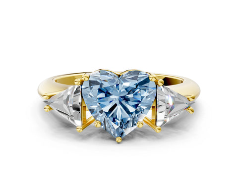 Yellow gold Three-Stone Fancy Blue Heart Cut Cut Diamond Ring with Trillion Side Stones and Four-Prong Setting_3