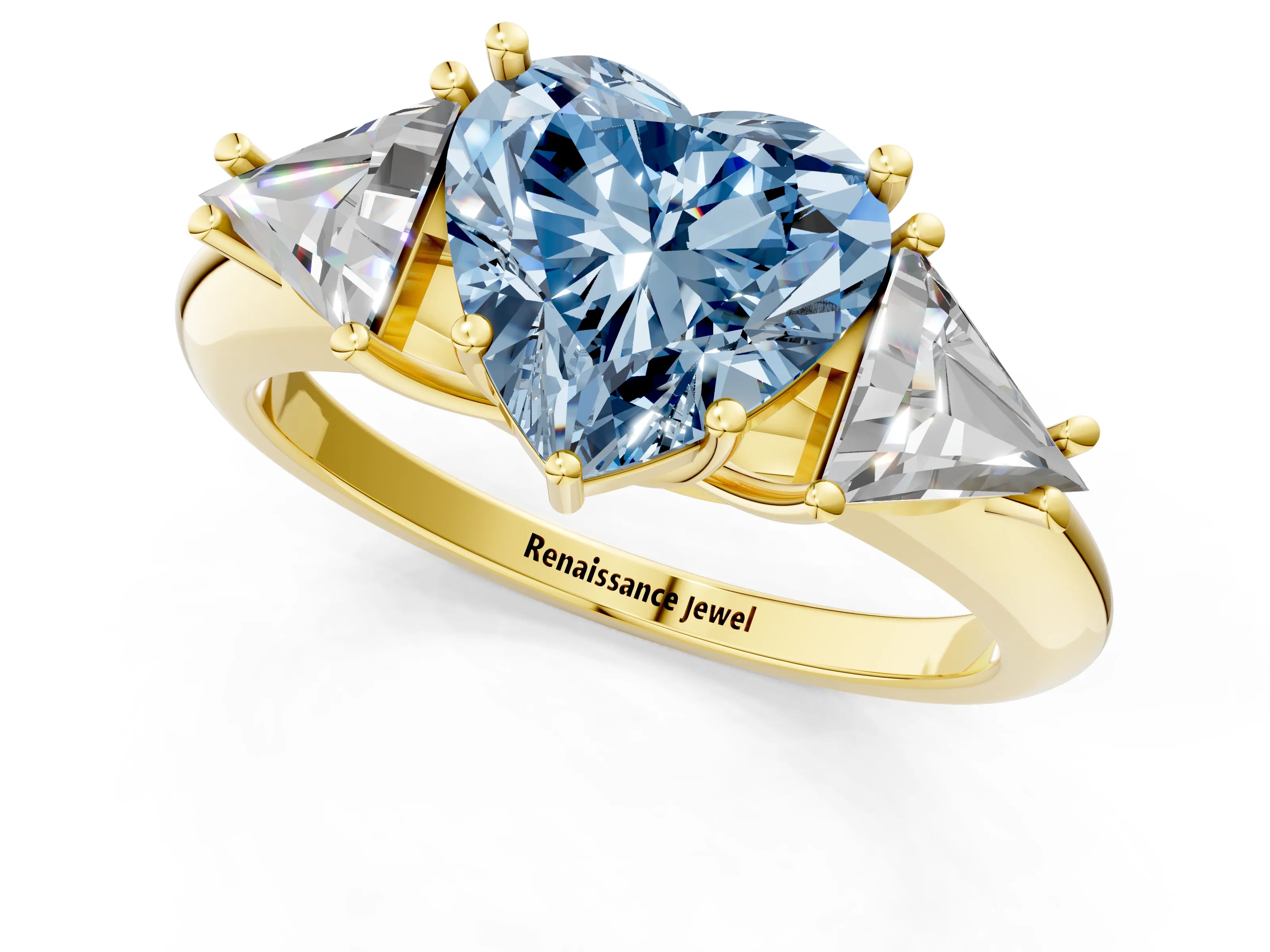 Yellow gold Three-Stone Fancy Blue Heart Cut Cut Diamond Ring with Trillion Side Stones and Four-Prong Setting_4