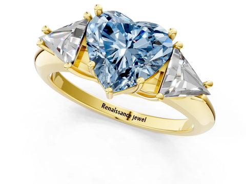 Yellow gold Three-Stone Fancy Blue Heart Cut Cut Diamond Ring with Trillion Side Stones and Four-Prong Setting_4