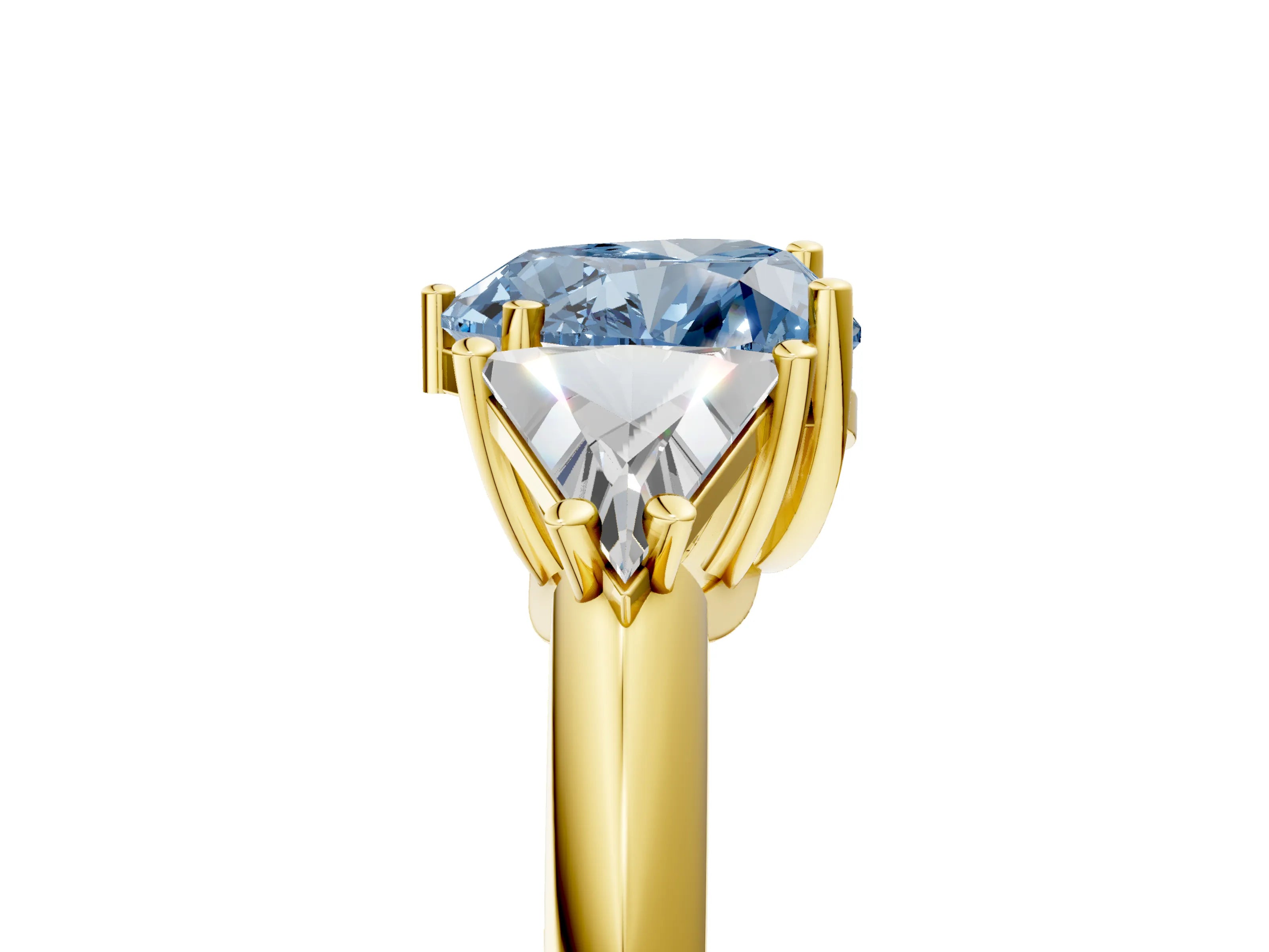 Yellow gold Three-Stone Fancy Blue Heart Cut Cut Diamond Ring with Trillion Side Stones and Four-Prong Setting_8