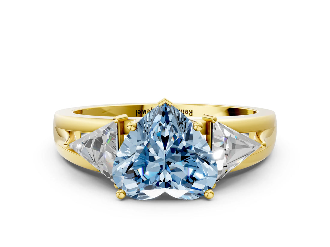Yellow gold Three-Stone Fancy Blue Heart Cut Cut Diamond Ring with Trillion Side Stones on a Split Shank Band