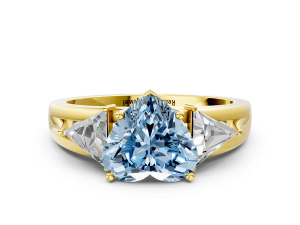 Yellow Gold Heart-Shaped Split Shank Three Stone Engagement Ring Setting for Fancy Blue Center