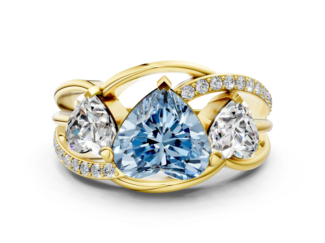 Yellow gold Three-Stone Fancy Blue Heart Cut Cut Diamond Split Shank Prong Set Ring