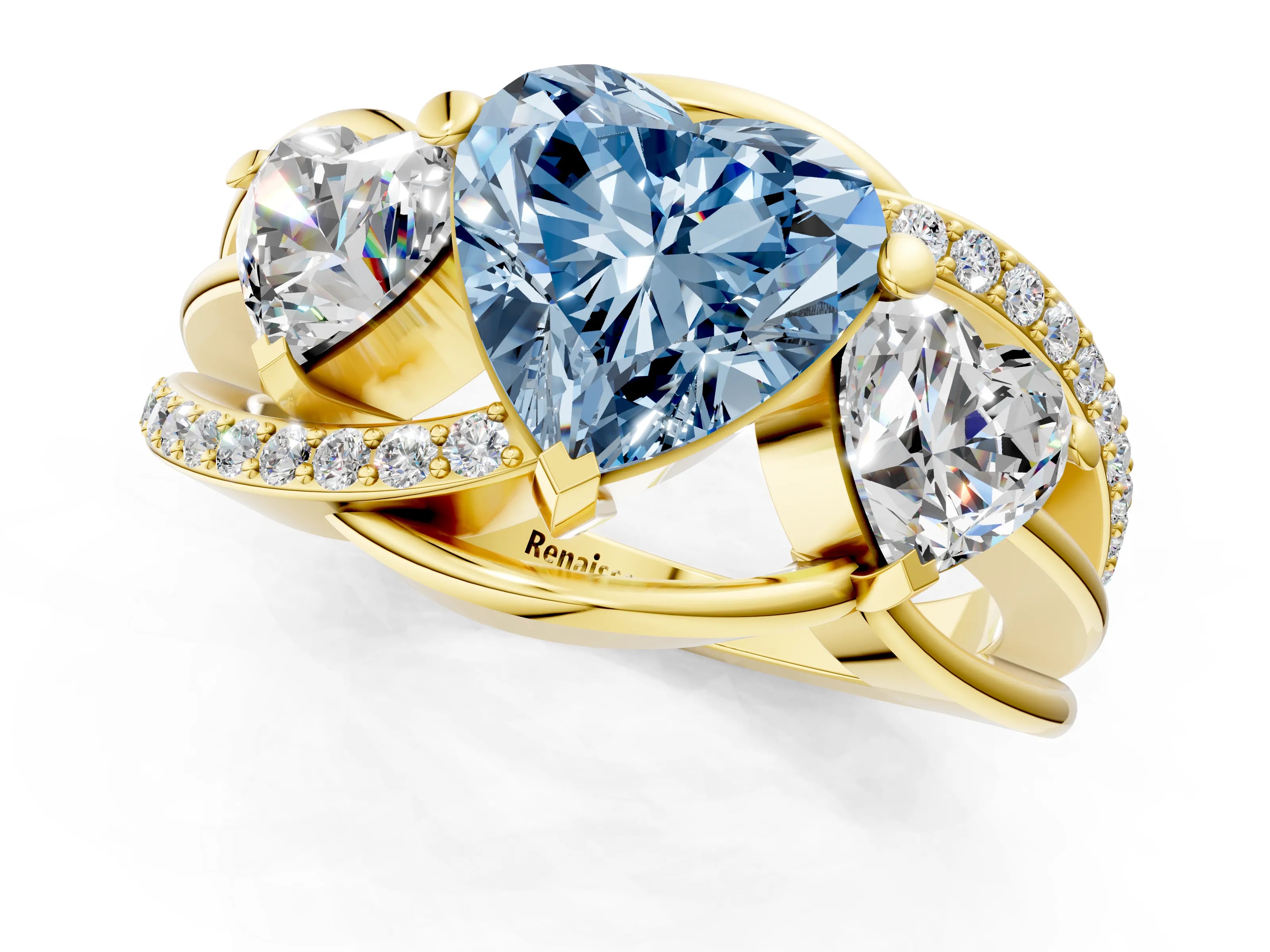 Yellow gold Three-Stone Fancy Blue Heart Cut Cut Diamond Split Shank Prong Set Ring_1