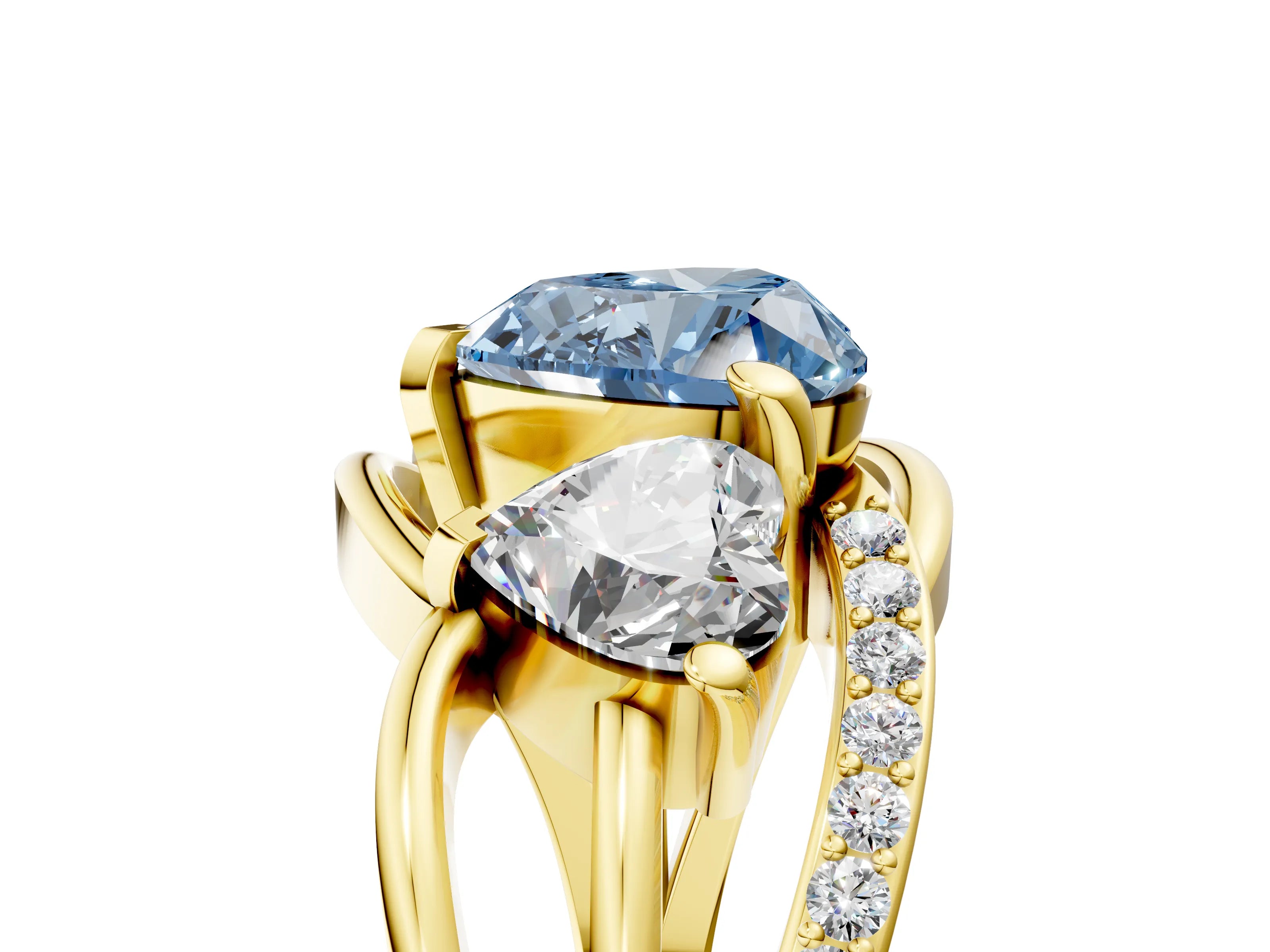 Yellow gold Three-Stone Fancy Blue Heart Cut Cut Diamond Split Shank Prong Set Ring_5