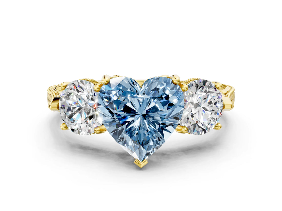 Yellow gold Three-Stone Fancy Blue Heart Cut Cut Milgrain Band Prong Setting Ring_6