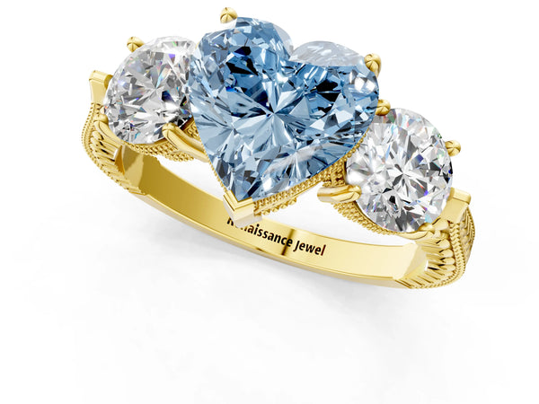 Yellow Gold Heart-Shaped Vintage Three Stone Engagement Ring Setting for Fancy Blue Center