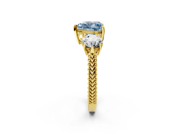Yellow Gold Heart-Shaped Vintage Three Stone Engagement Ring Setting for Fancy Blue Center
