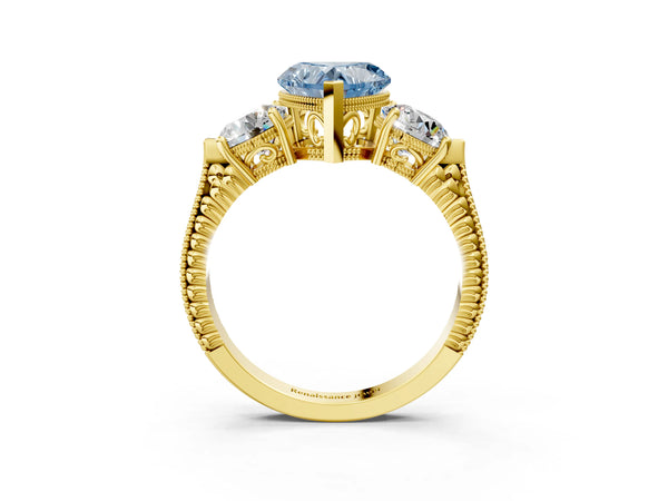 Yellow Gold Heart-Shaped Vintage Three Stone Engagement Ring Setting for Fancy Blue Center