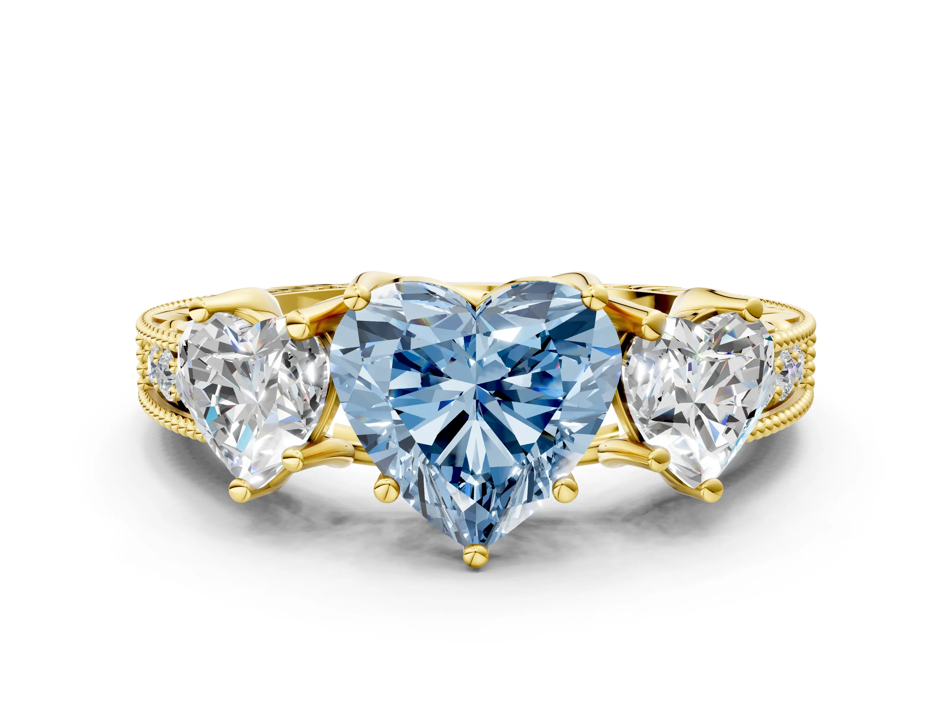 Yellow gold Three-Stone Fancy Blue Heart Cut Cut Milgrain Pavé Engagement Ring