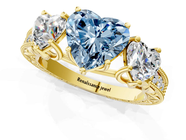 Yellow Gold Heart-Shaped Engraved Three Stone Engagement Ring Setting for Fancy Blue Center