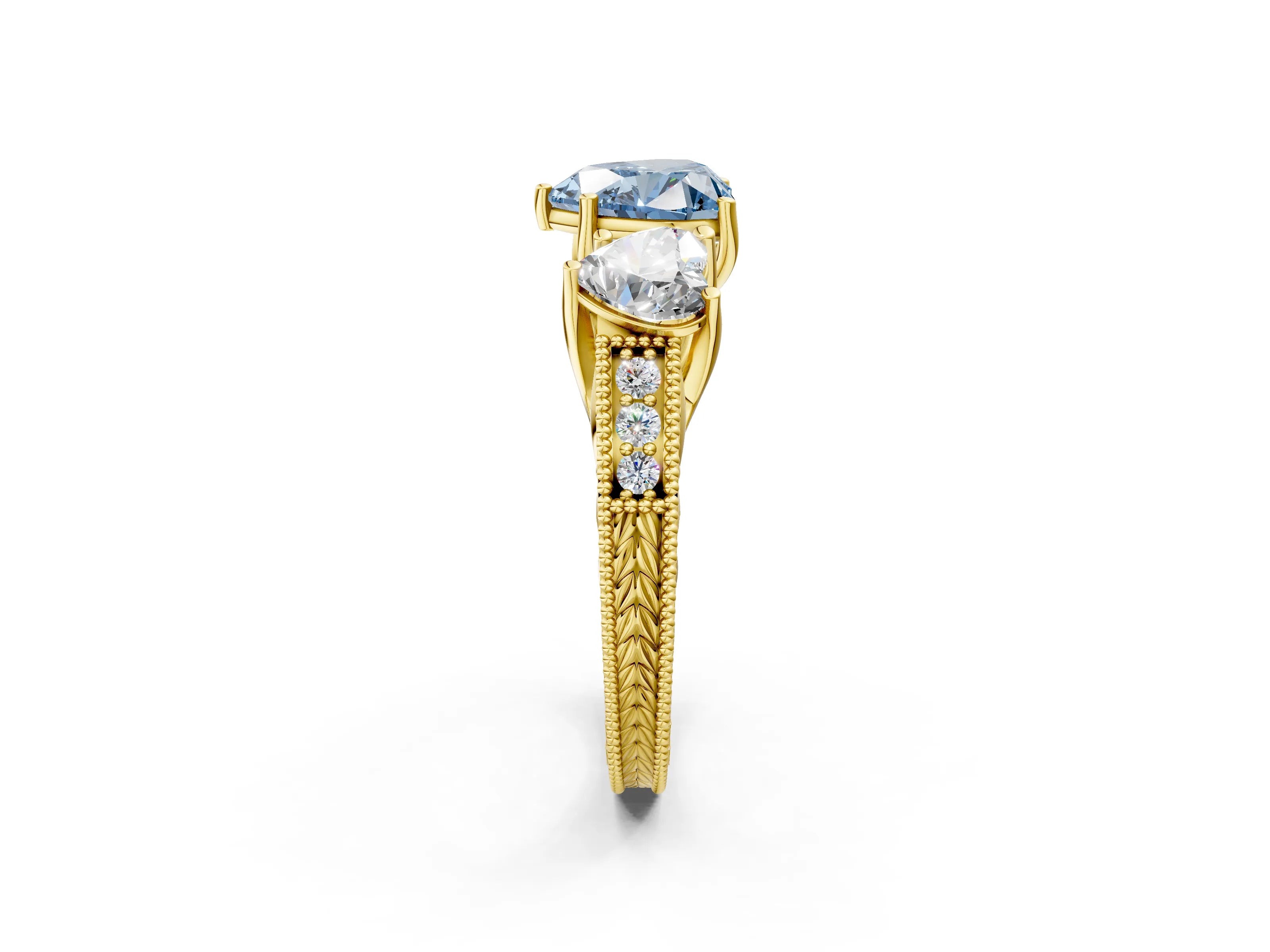 Yellow gold Three-Stone Fancy Blue Heart Cut Cut Milgrain Pavé Engagement Ring_14