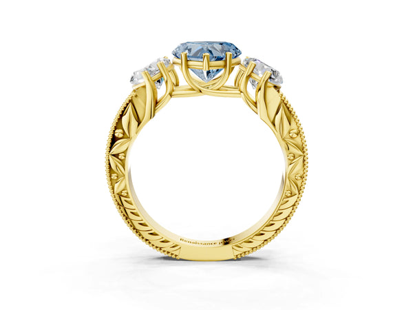 Yellow Gold Heart-Shaped Engraved Three Stone Engagement Ring Setting for Fancy Blue Center