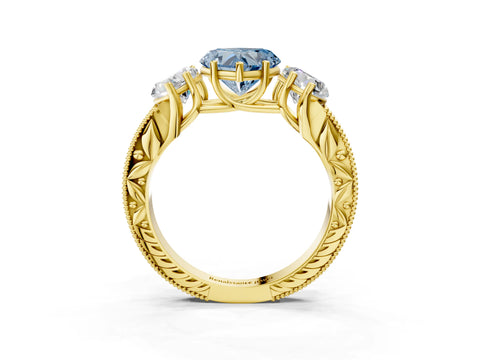 Yellow gold Three-Stone Fancy Blue Heart Cut Cut Milgrain Pavé Engagement Ring_15