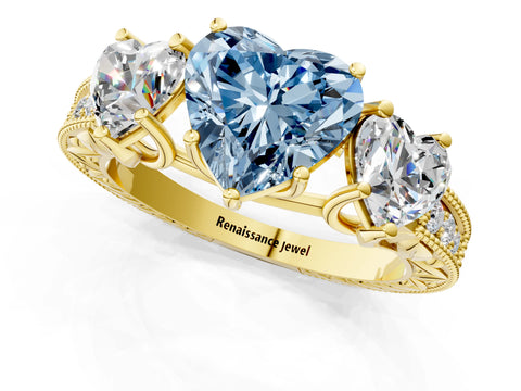 Yellow gold Three-Stone Fancy Blue Heart Cut Cut Milgrain Pavé Engagement Ring_1