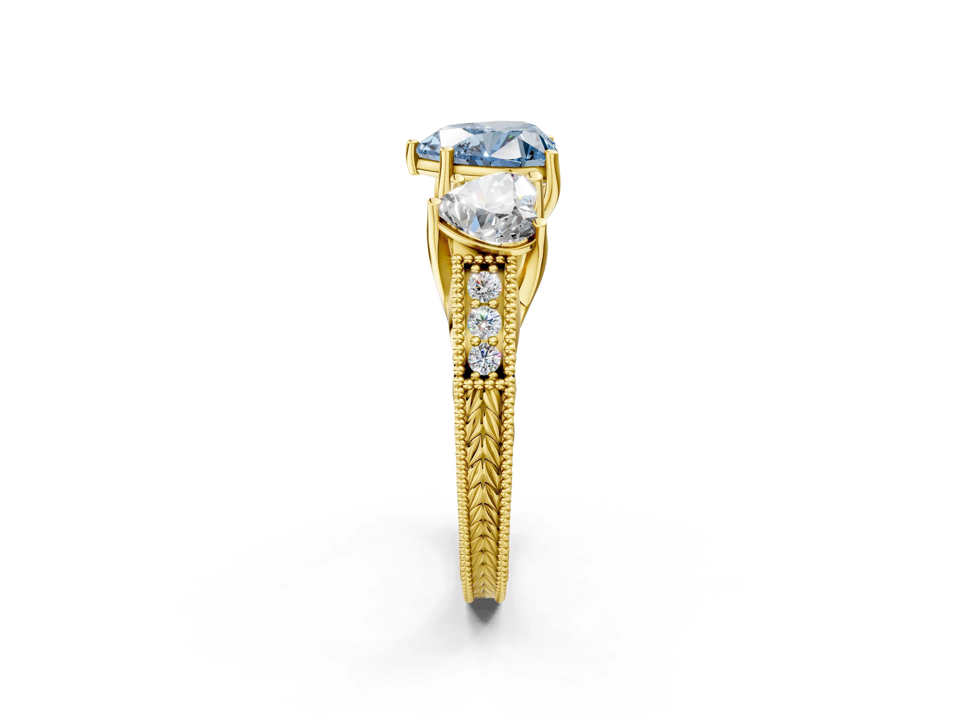 Yellow gold Three-Stone Fancy Blue Heart Cut Cut Milgrain Pavé Engagement Ring_2