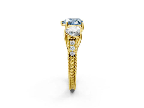Yellow gold Three-Stone Fancy Blue Heart Cut Cut Milgrain Pavé Engagement Ring_2