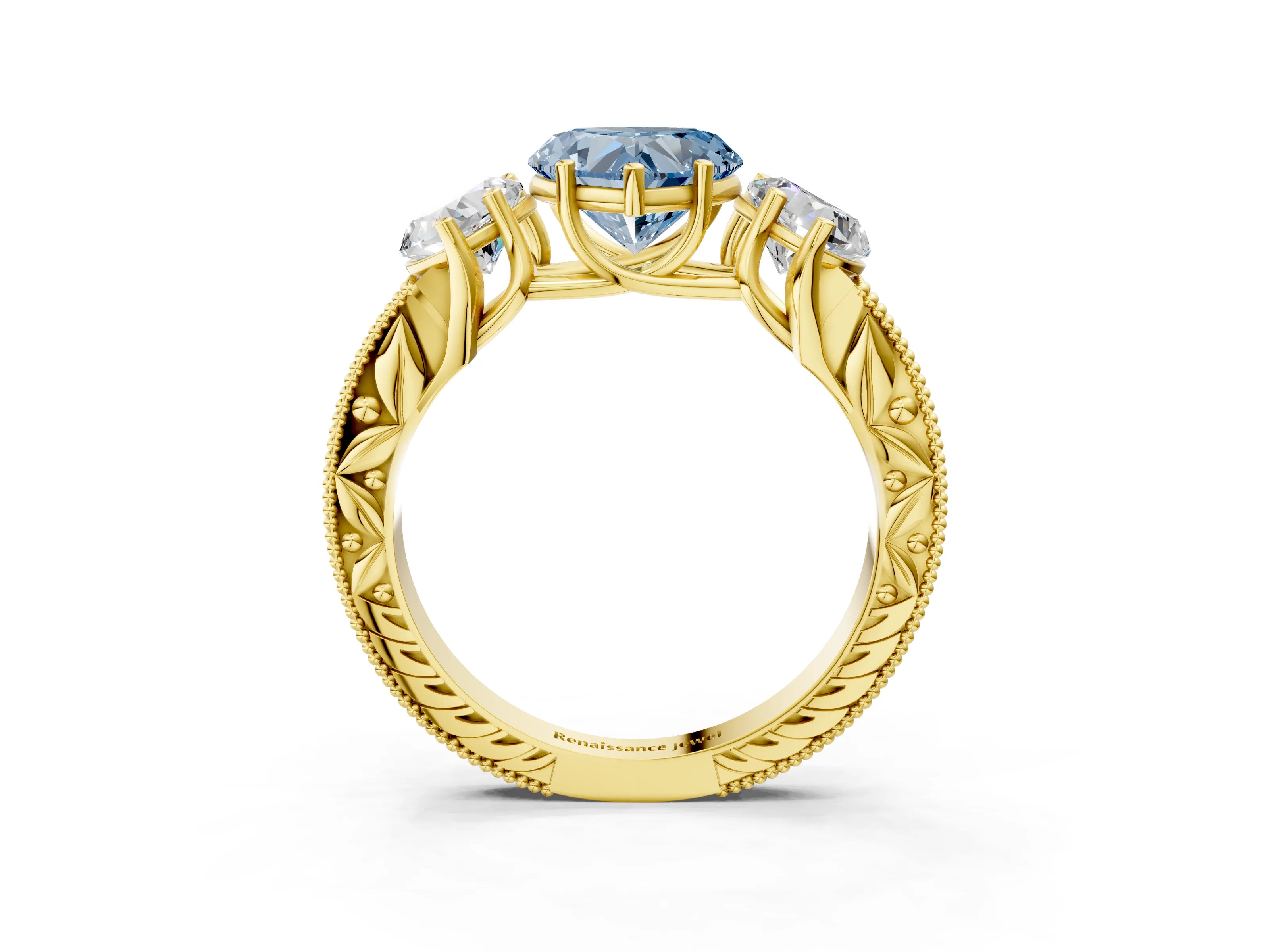 Yellow gold Three-Stone Fancy Blue Heart Cut Cut Milgrain Pavé Engagement Ring_3