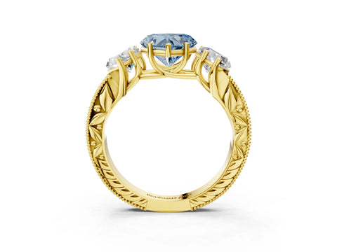Yellow gold Three-Stone Fancy Blue Heart Cut Cut Milgrain Pavé Engagement Ring_3