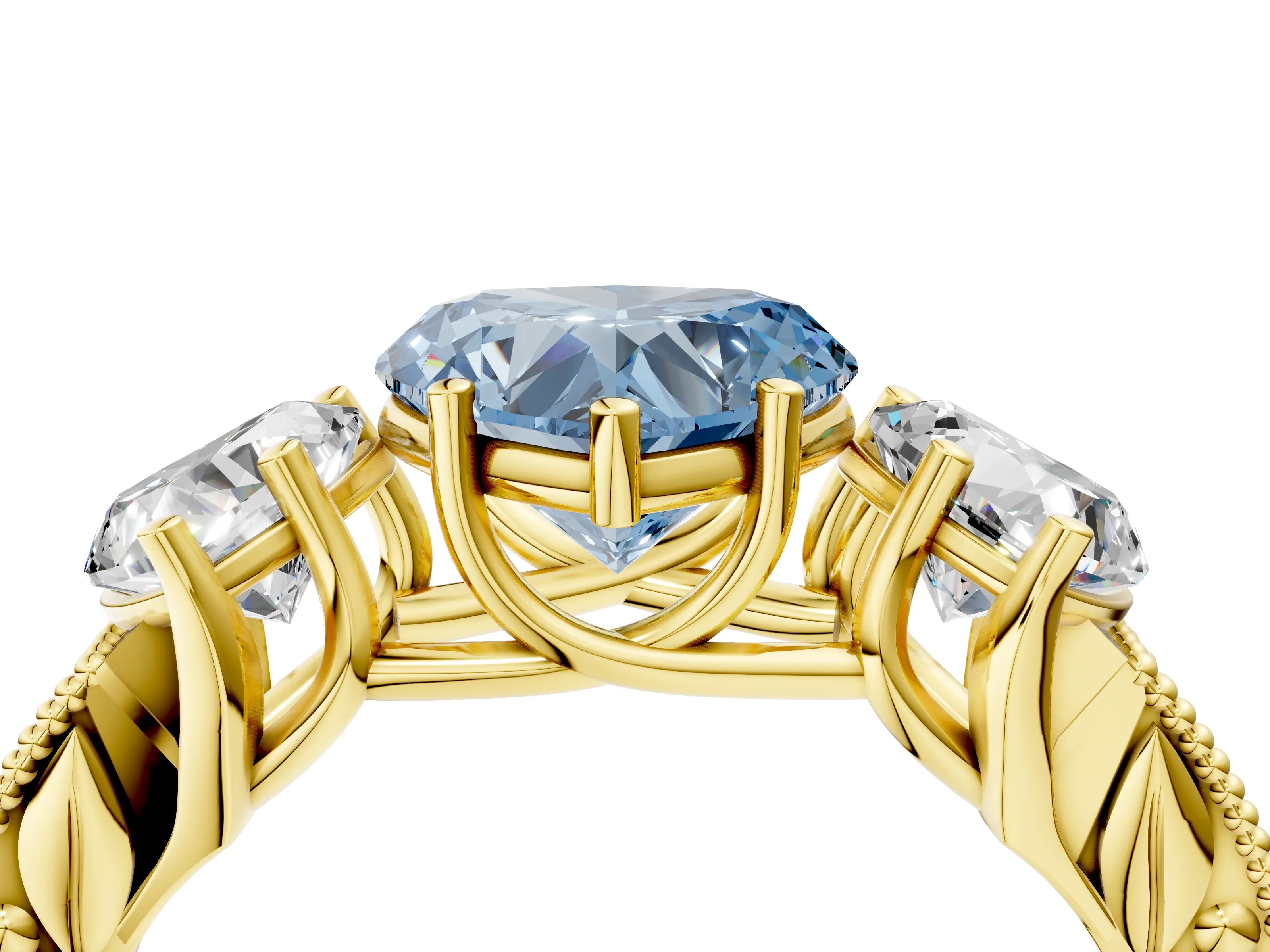 Yellow gold Three-Stone Fancy Blue Heart Cut Cut Milgrain Pavé Engagement Ring_4