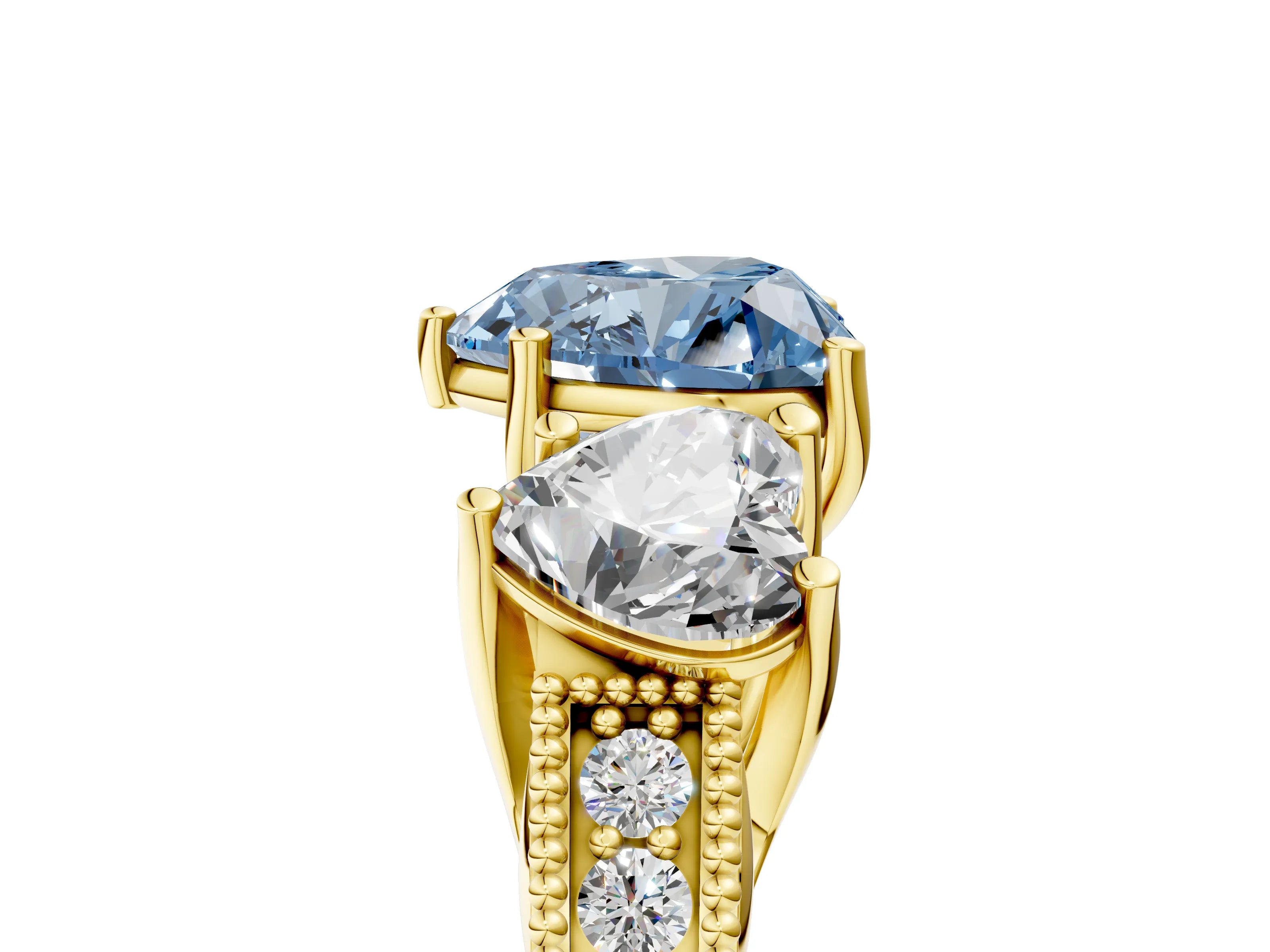 Yellow gold Three-Stone Fancy Blue Heart Cut Cut Milgrain Pavé Engagement Ring_5