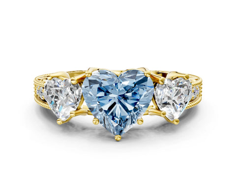 Yellow gold Three-Stone Fancy Blue Heart Cut Cut Milgrain Pavé Engagement Ring