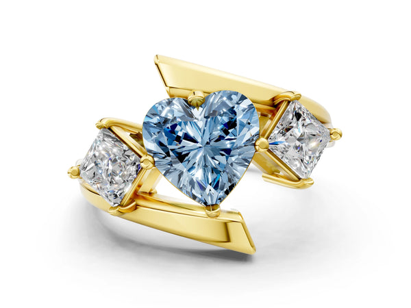 Yellow gold Three-Stone Fancy Blue Heart Cut Cut Tension Band Ring with Four-Prong Setting