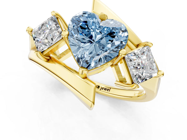 Yellow gold Three-Stone Fancy Blue Heart Cut Cut Tension Band Ring with Four-Prong Setting