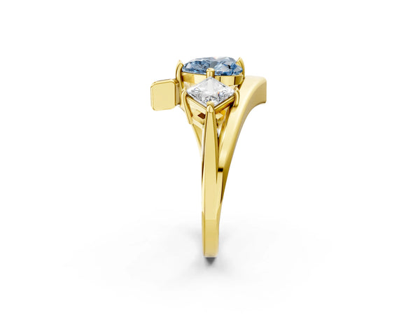 Yellow gold Three-Stone Fancy Blue Heart Cut Cut Tension Band Ring with Four-Prong Setting