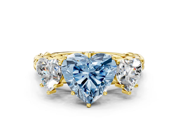 Yellow gold Three-Stone Fancy Blue Heart Cut Diamond Braided Band Ring with Four-Prong Setting
