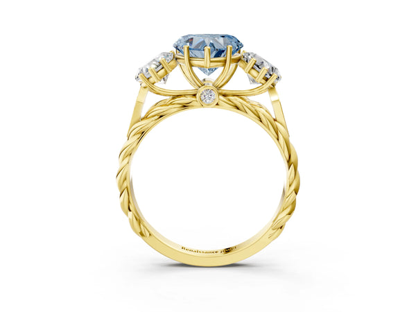 Yellow gold Three-Stone Fancy Blue Heart Cut Diamond Braided Band Ring with Four-Prong Setting