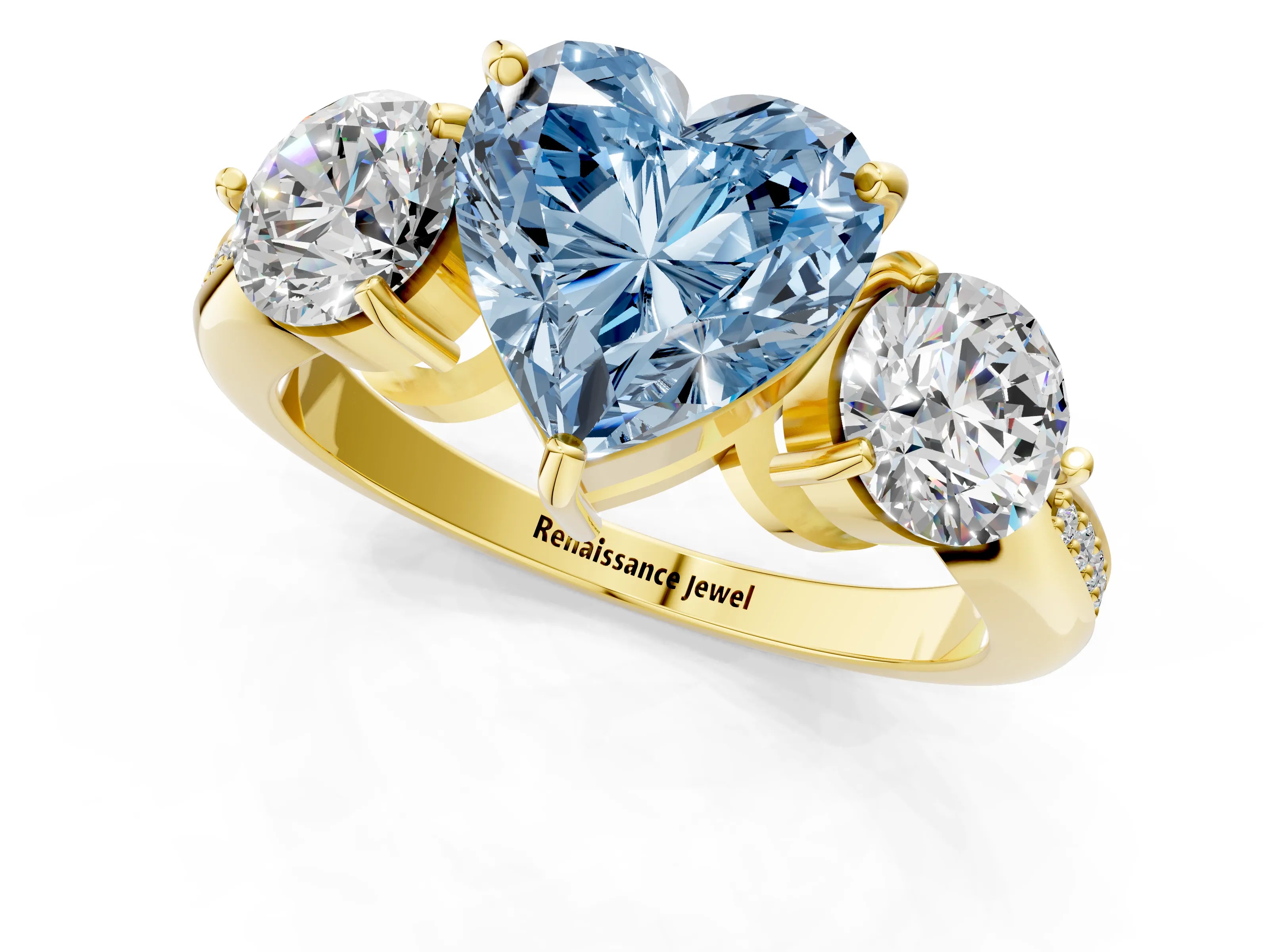Yellow gold Three-Stone Fancy Blue Heart Cut Diamond Channel Set Engagement Ring with Prong Setting_13