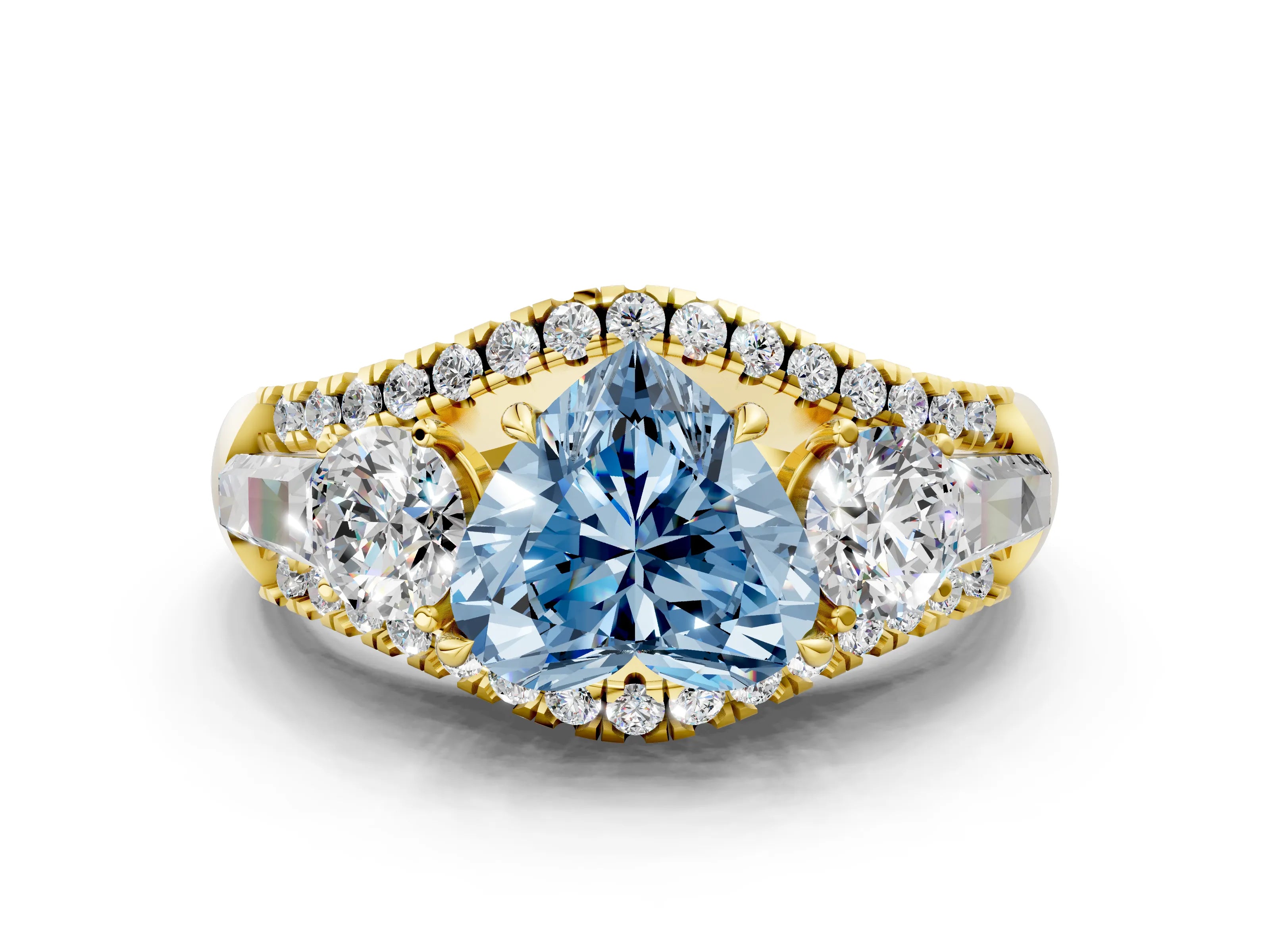 Yellow gold Three-Stone Fancy Blue Heart Cut Diamond Engagement Ring with Pave Band and Prong Setting