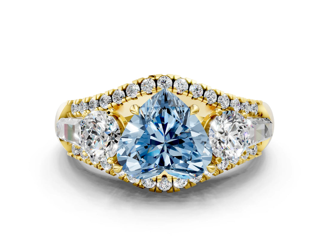 Yellow gold Three-Stone Fancy Blue Heart Cut Diamond Engagement Ring with Pave Band and Prong Setting