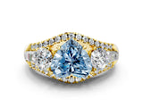 Yellow gold Three-Stone Fancy Blue Heart Cut Diamond Engagement Ring with Pave Band and Prong Setting