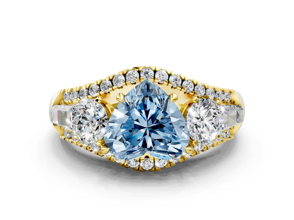 Yellow Gold Heart-Shaped Five Stone Baguette Engagement Ring Setting for Fancy Blue Center